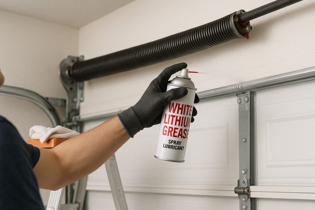 Technician applying white lithium grease to a garage door spring as part of emergency garage door repair and maintenance.