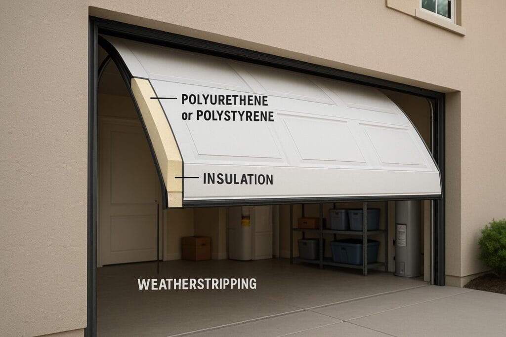 Cross-section view of a new garage door showing insulation layers, polyurethane or polystyrene core, and weatherstripping for energy efficiency and durability.