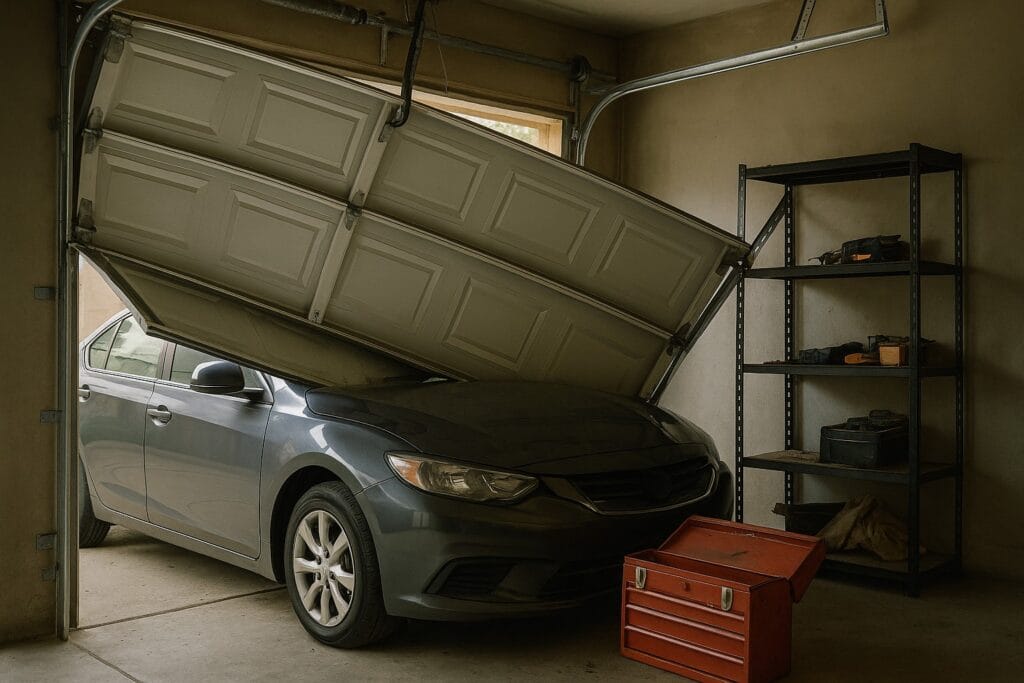 Garage door parts failure causing door collapse onto parked car inside garage.