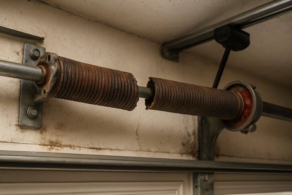 Broken torsion spring requiring garage door replacement or repair