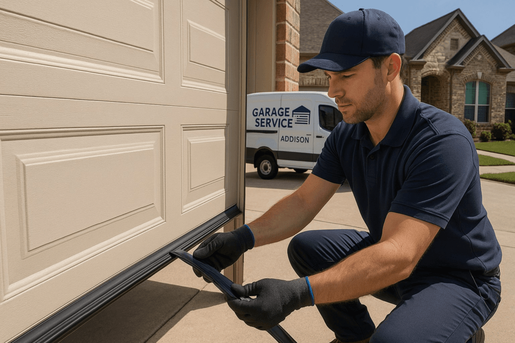 Professional technician installing garage door weather stripping for a tight bottom seal.