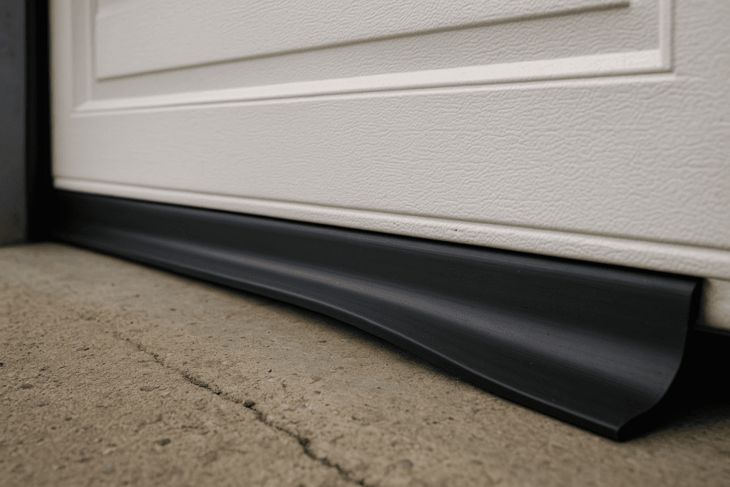 Garage door weather stripping bottom seal providing protection against drafts and debris.