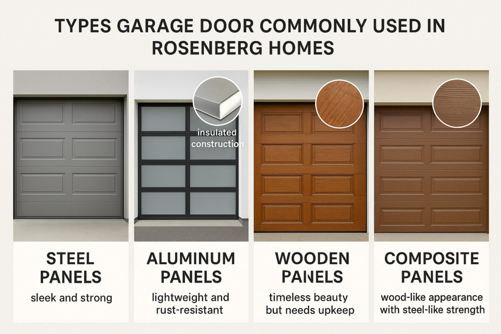 Comparison of steel, aluminum, wooden, and composite panels used to repair garage door styles in Rosenberg homes.