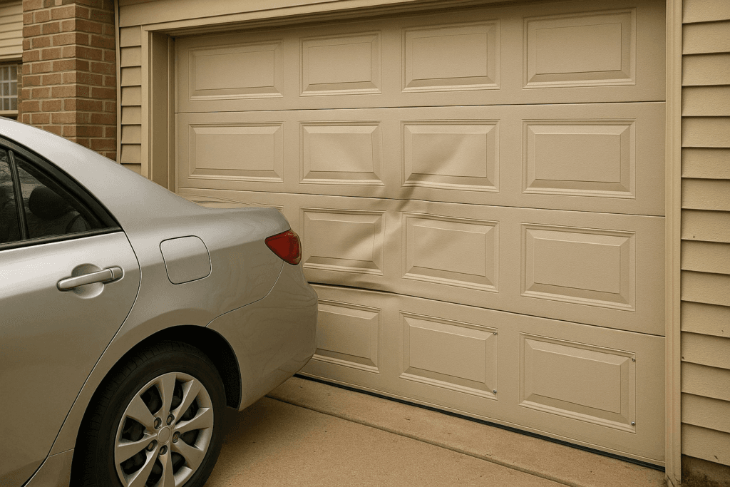 Car backing into a panel causing visible dent and damage, showing need to repair garage door.
