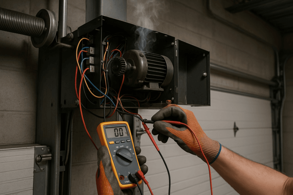 Technician troubleshooting faulty opener wiring during commercial garage door repair.
