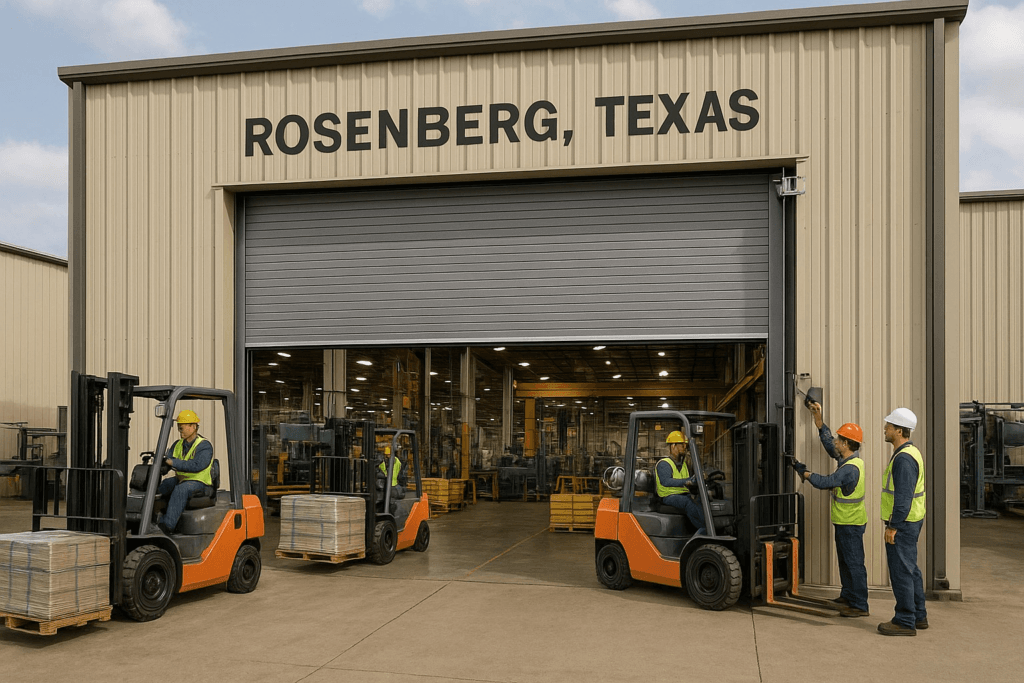 Technicians and forklift operators working near warehouse entrance during commercial garage door repair.