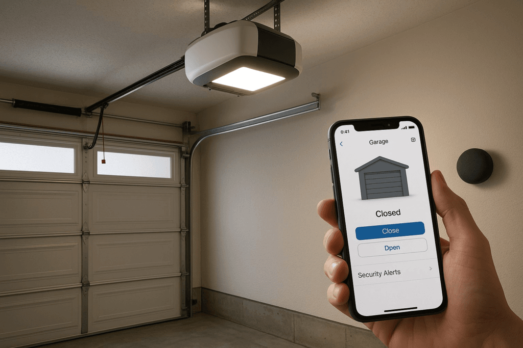 Smartphone app controlling modern garage doors with automated opener.