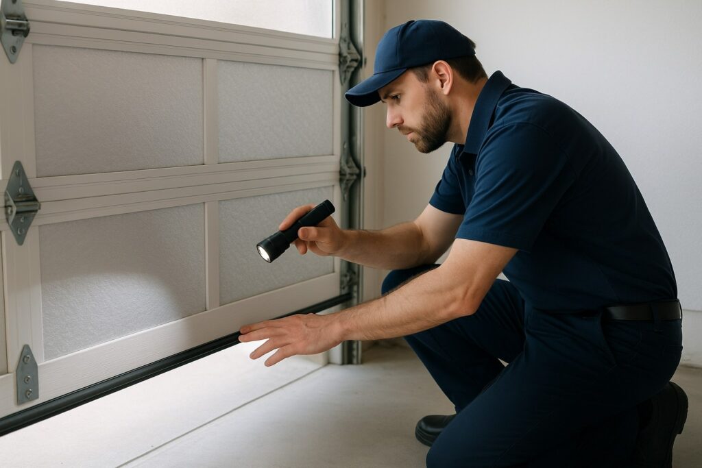 Technician performing a garage door tune-up by inspecting the bottom seal with a flashlight to check for wear, alignment, and proper weatherproofing.