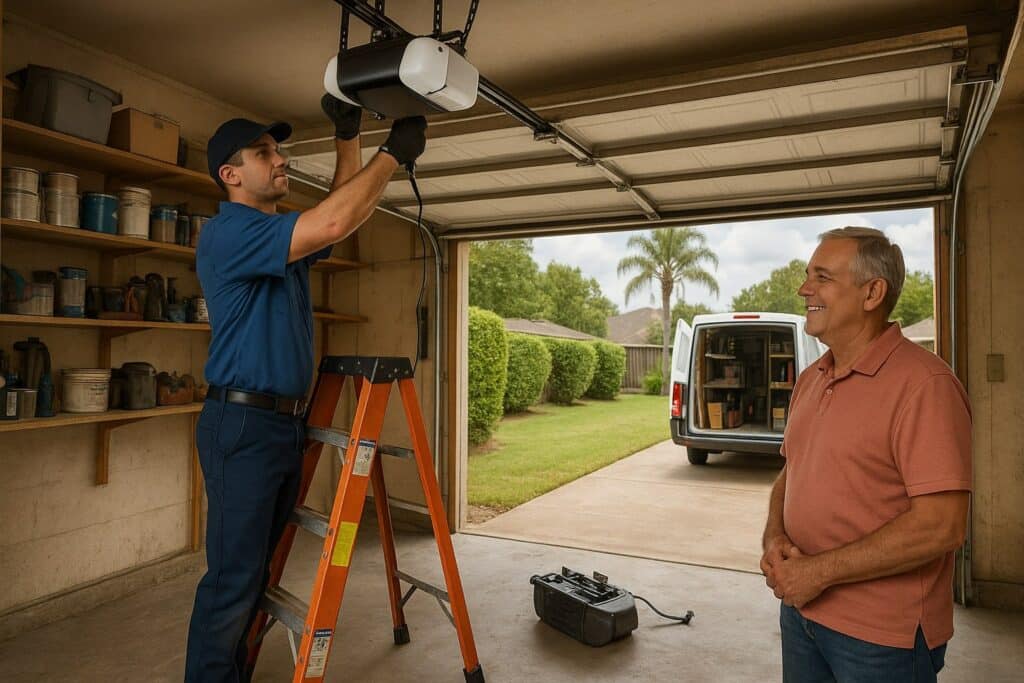 Technician performing garage door opener repair while homeowner observes in a residential garage.
