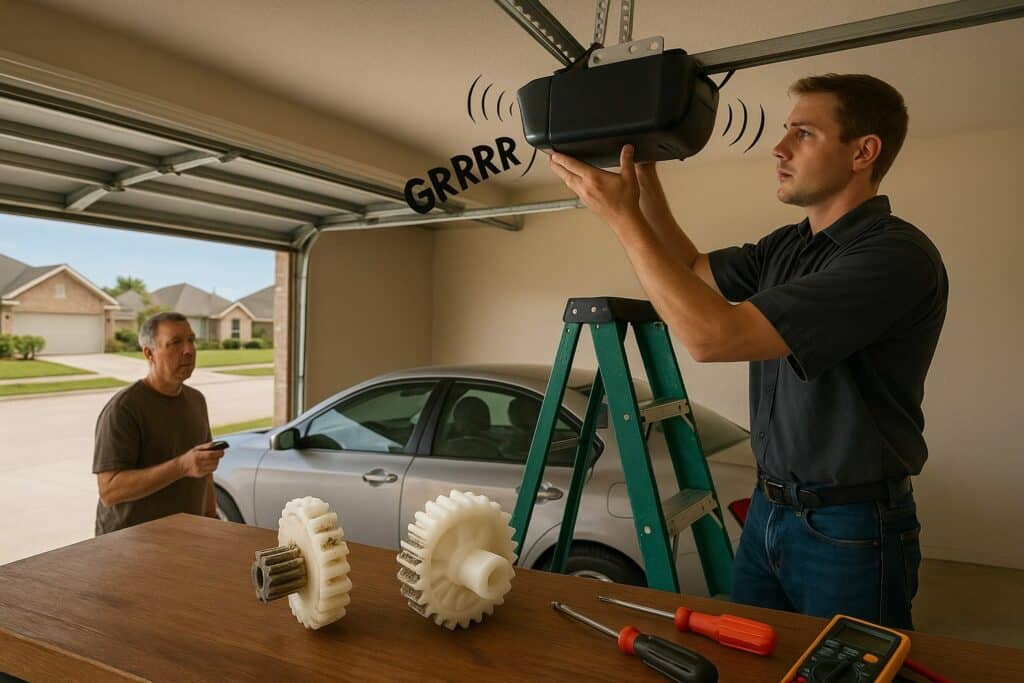 Technician performing garage door opener repair while diagnosing noisy motor in a residential garage.