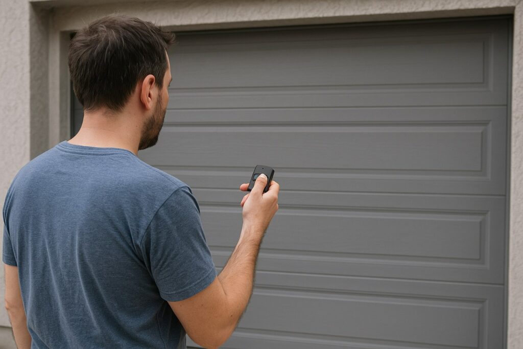 A man tries to operate his automatic garage doors using a handheld remote control.