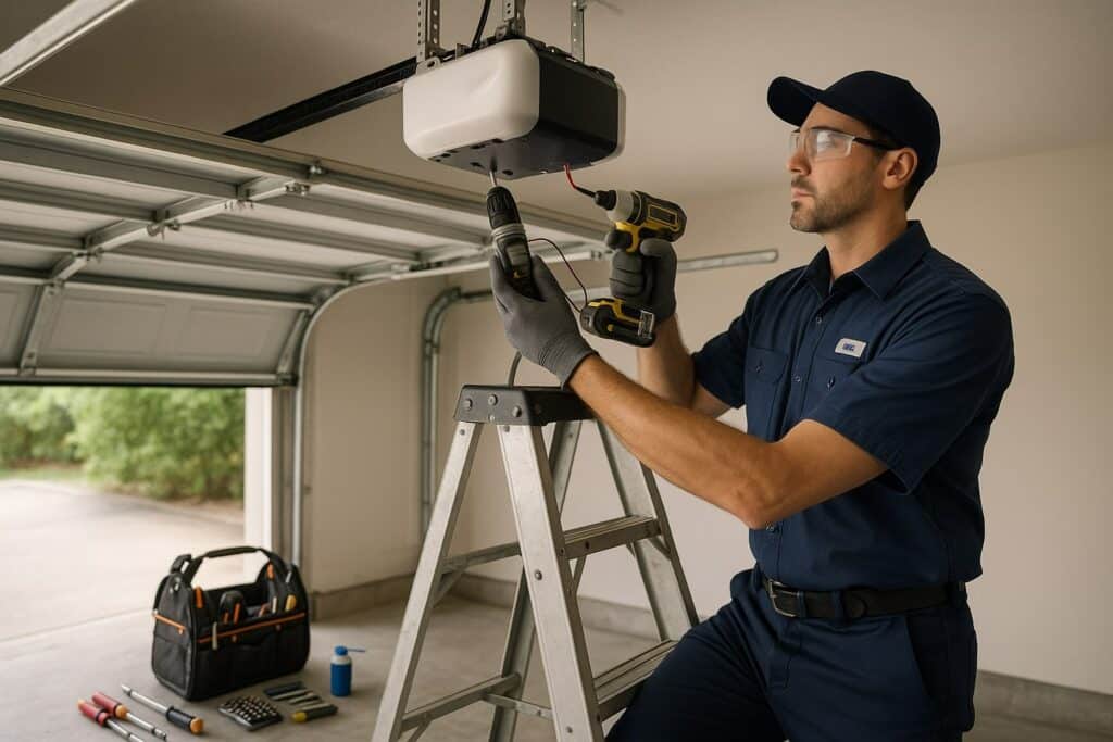 Garage door repair technician installing a garage door opener with power tools.