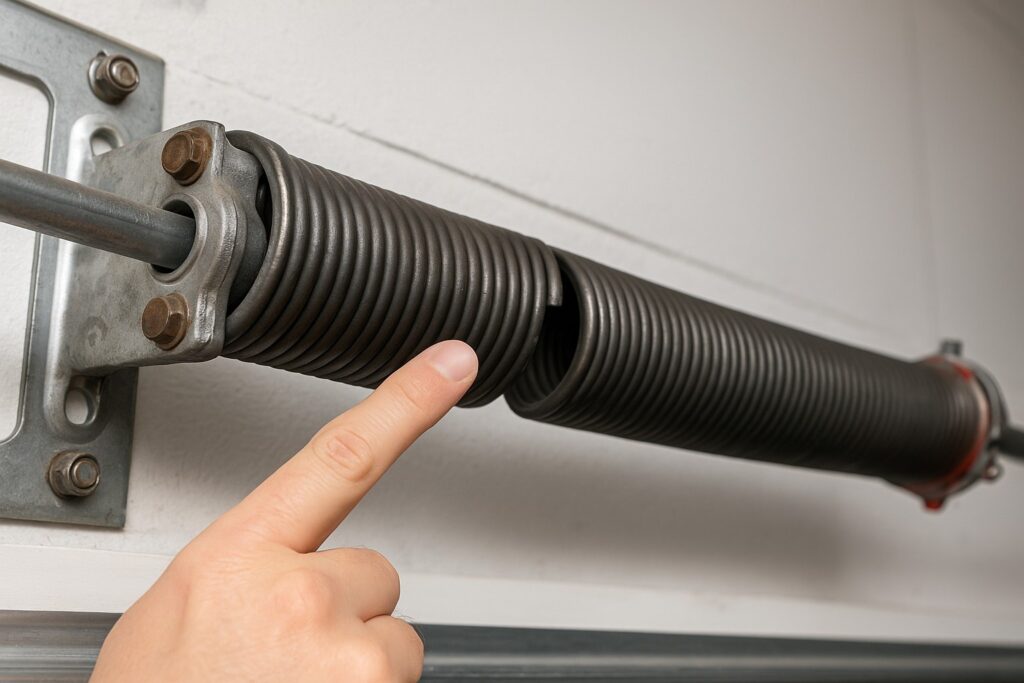 Garage door troubleshooting: close-up of a broken torsion spring with a hand pointing to the gap.