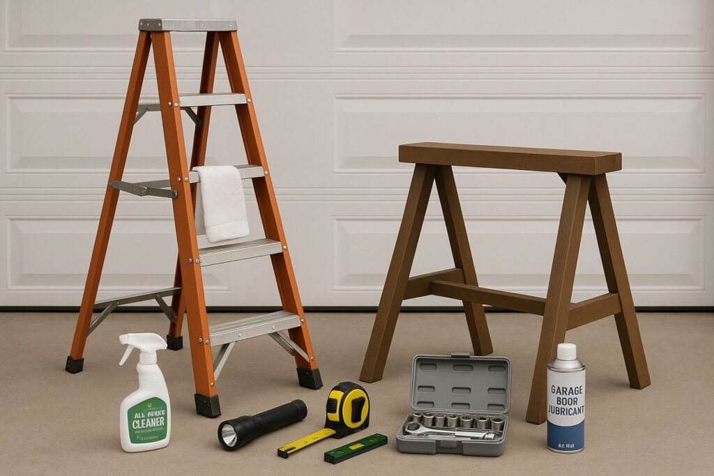 Garage door troubleshooting: maintenance tools, ladder, and garage door lubricant set out in front of a closed door.